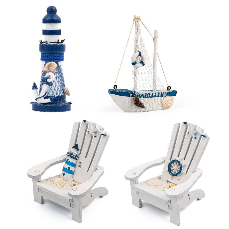 JQAQJU 4" Wooden Beach Chair Lighthouse Sailboat, 4pcs Mini Nautical Home Decoration & Beach Ocean Ornament for Summer Bathroom Bedroom Kitchen - Image 1
