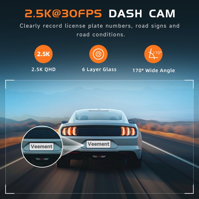 Veement Dash Cam, 2.5K Dash Cam Front, VEEMENT Dash Camera for Cars, 1440P Car Dash Camera with APP, WiFi Dash Cams with WDR Night Vision, 24/7 Parking Monitor Dashcam, 160Â°Wide, G-Sensor, Mini Car Camera - Image 3
