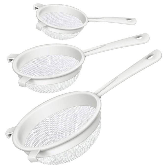 3 PCS PLASTIC NYLON MESH STRAINER COLANDER WITH HANDLE DOUBLE EAR FINE FOOD MESH STRAINER FLOUR SIFTER FOR BAKING KITCHEN COLANDER SIFTER KEFIR TEA JUICE PASTA3 INCH 5 INCH 7 INCH