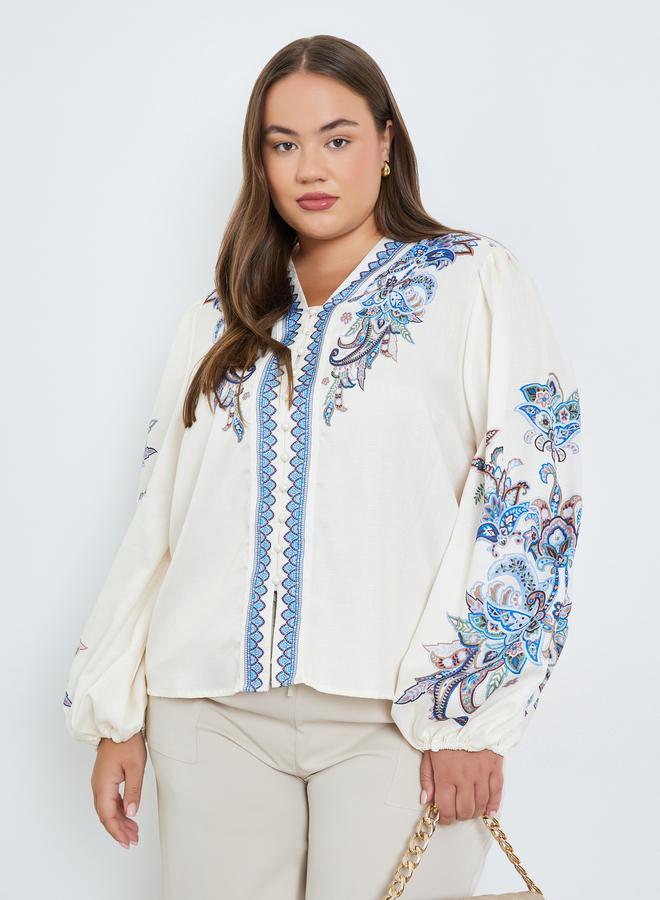 Styli Plus Size Cream Paisley Print Blouse - Image 1