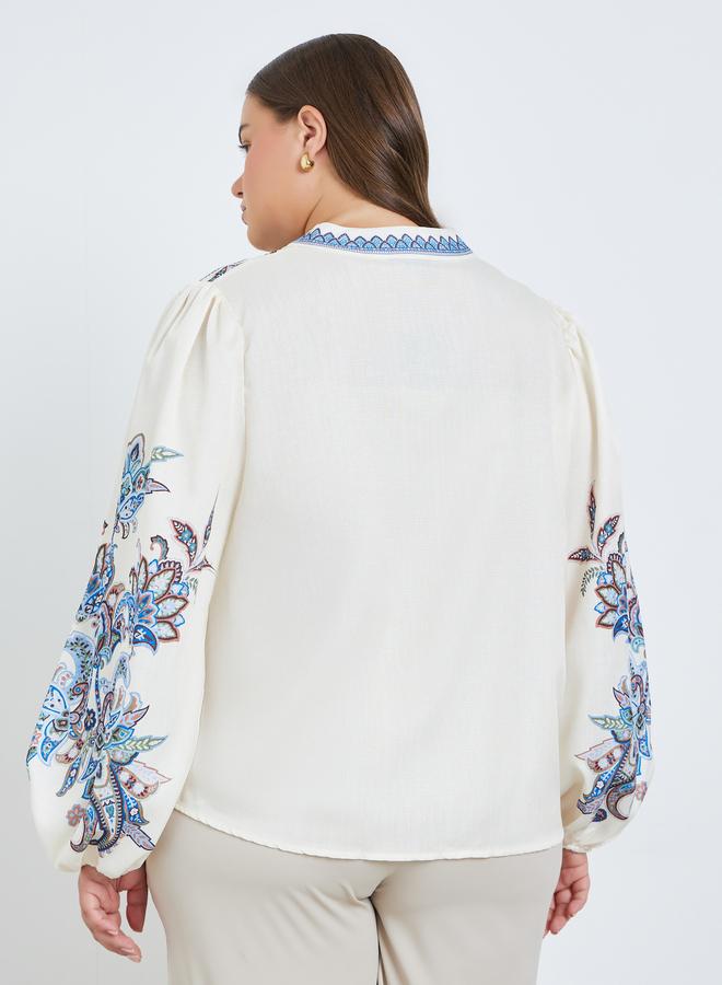 Styli Plus Size Cream Paisley Print Blouse - Image 3