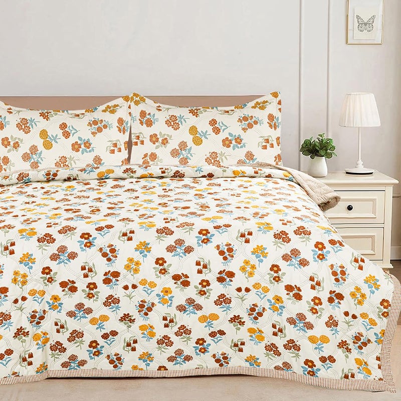 BSB HOME Cotton All-Weather Embroidered Ultrasonic Quilted Thread Free 3 Pcs Comforter Set with Pillow Shams- Light Weight Bedspread/Duvet/Quilt - Double, 150 GSM | Almond and Rust - Image 1