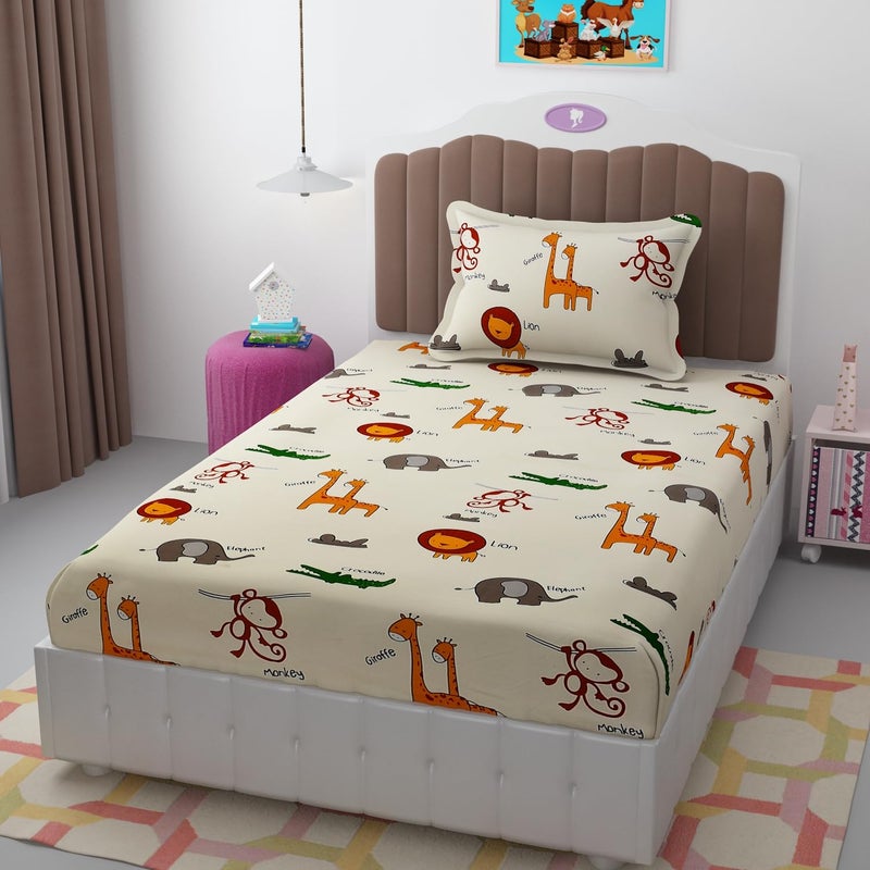 STELLAGEM STELLAGEM 200 TC 100 Polycotton Cartoon Printed Supersoft Bedsheet for Kids Room Single Bed with 1 Pillow Covers SoftBreathable Wrinkel Free 60x90 Inches Cream - Image 1