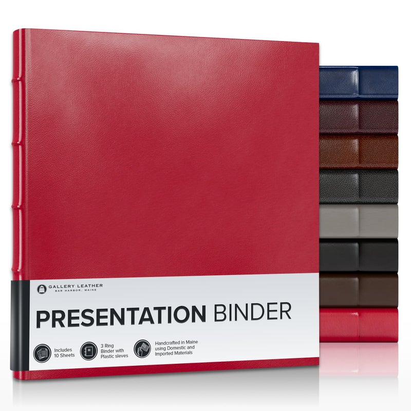 Gallery Leather 3 Ring Binder with Plastic Sleeves, Includes 10 Sheets, Sheet Size: 8.5" x 11" - Presentation Binder Rings with Hubbed Spine, Thick: 1.25" Camden Red - Image 1