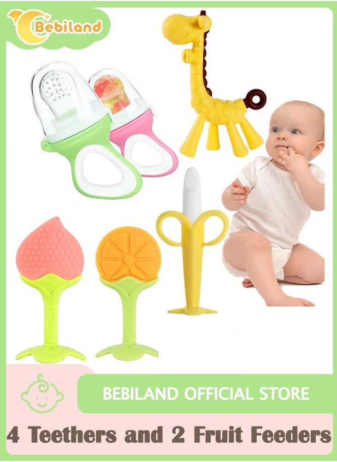 Bebiland - Teething Toys With Baby Fruit Feeders for Babies, Baby Teether Chew Toys, With 2 Baby Fruit Feeders and 4 Baby Silicone Teethers, BPA Free Natural Organic Freezer Silicone Baby Teethers - Image 1