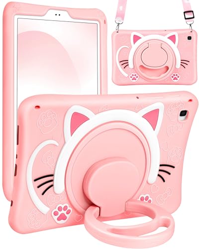 Wazzasoft for Samsung Galaxy Tab A7 Lite 8.7” Case Girls Cute Cat Kawaii Cover Girly 3D Cartoon Women Kitten with Rotating Handle Stand & Strap Soft Silicone Funda for Galaxy A7 Lite Table Cases 2021 - Image 1