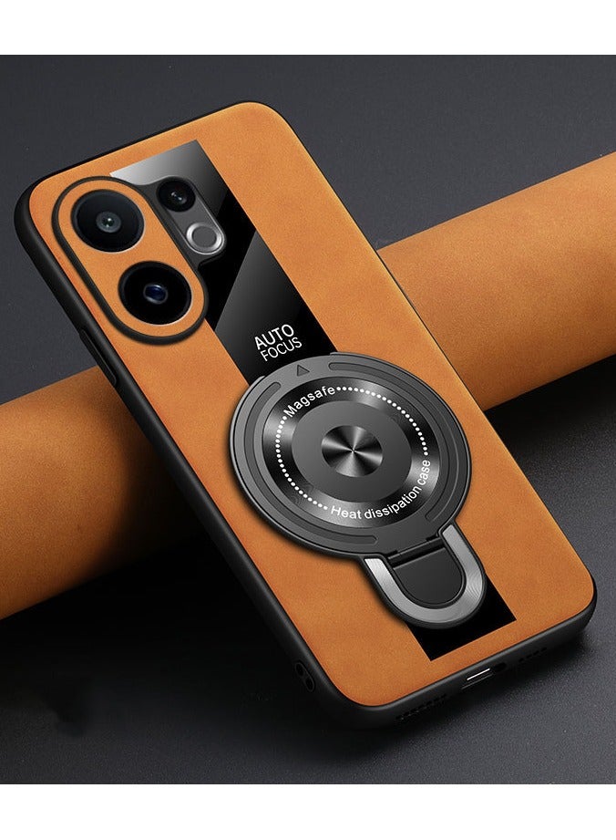 general Compatible with VIVO X200 FE 2025 Case, TPU Frame & Leather Back Cover [Compatible with Mag-Safe] Camera Protection 360 Rotatable Ring Stand Case