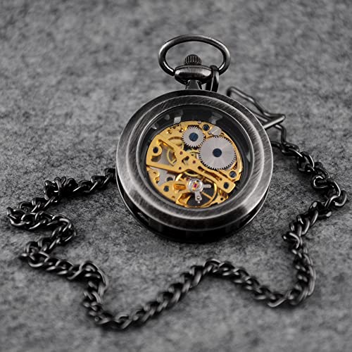 VIGOROSO Mens Steampunk Pocket Watch with Chain Skeleton Manual Hand Wind Mechanical Watches for Men, Gifts for Men & Women - Image 5