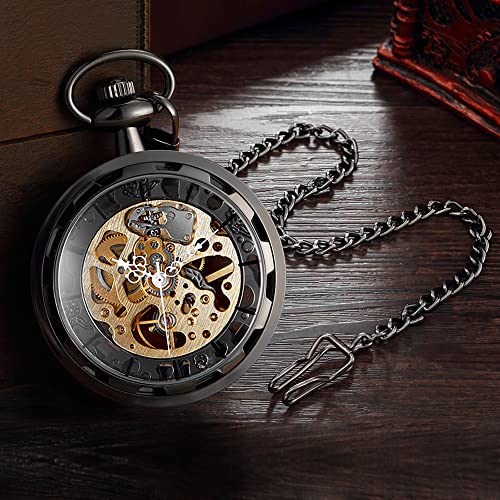 VIGOROSO Mens Steampunk Pocket Watch with Chain Skeleton Manual Hand Wind Mechanical Watches for Men, Gifts for Men & Women - Image 2