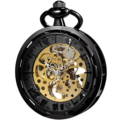 VIGOROSO Mens Steampunk Pocket Watch with Chain Skeleton Manual Hand Wind Mechanical Watches for Men, Gifts for Men & Women - Image 1