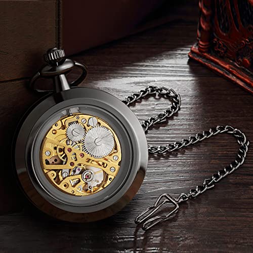 VIGOROSO Mens Steampunk Pocket Watch with Chain Skeleton Manual Hand Wind Mechanical Watches for Men, Gifts for Men & Women - Image 3