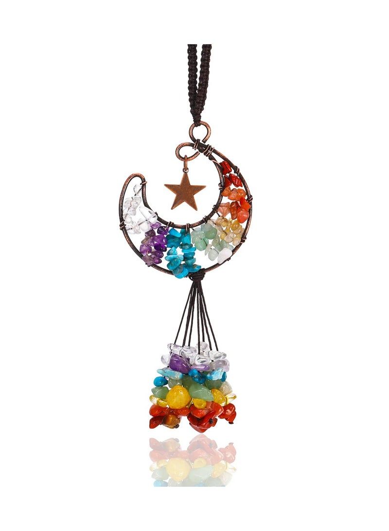Excefore Tree of Life Hanging Ornament, Chakra Crystal Hanging Ornament Moon Shape Healing Crystal Stones Car Rear View Mirror Hanging Accessories Wall Home Decor - Image 1