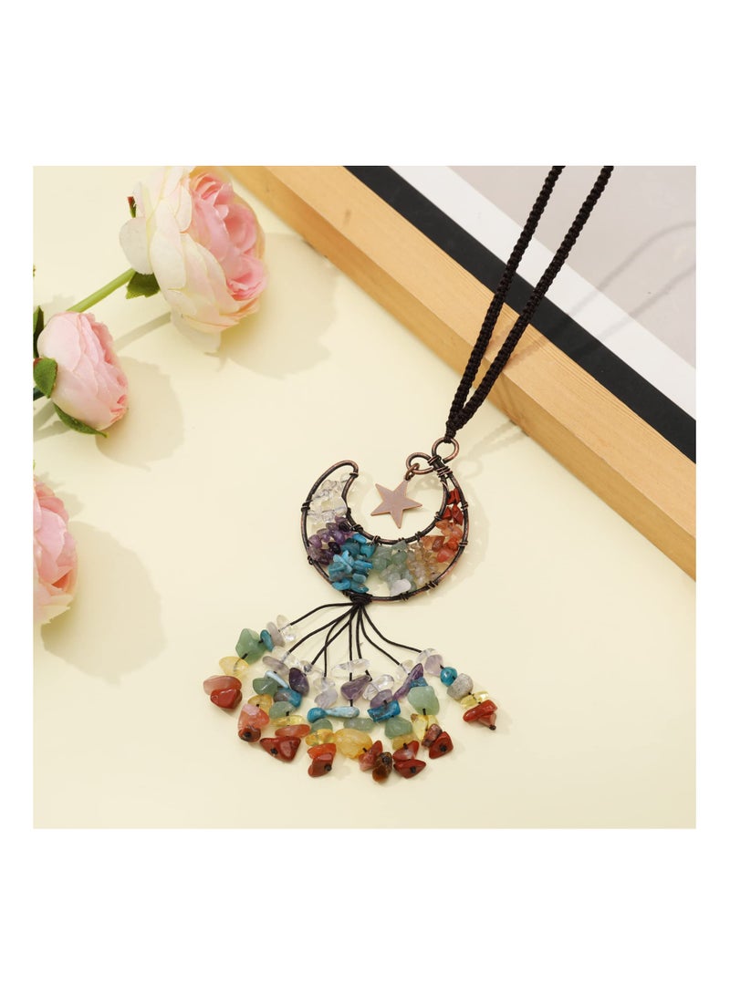 Excefore Tree of Life Hanging Ornament, Chakra Crystal Hanging Ornament Moon Shape Healing Crystal Stones Car Rear View Mirror Hanging Accessories Wall Home Decor - Image 4