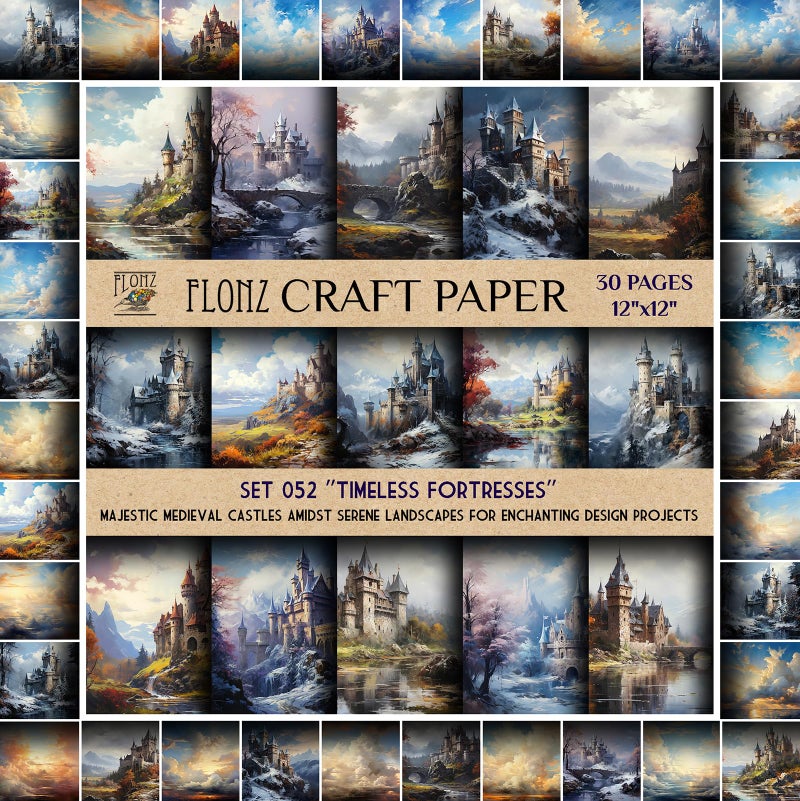 Scrapbook Paper (30 Pages 12"x12") Timeless Fortresses: Majestic Medieval Castles Amidst Serene Landscapes for Enchanting Design Projects FLONZ Vintage Styled Double Sided Paper Pad for Craft