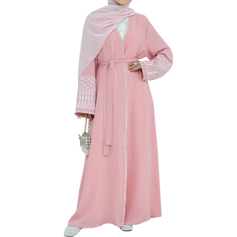 khalat Women Abaya Muslim Prayer Dress Embroidered Sleeves Cardigan Kaftan Islamic Dubai Robe Casual Modest Abaya Dress Pink - Image 2