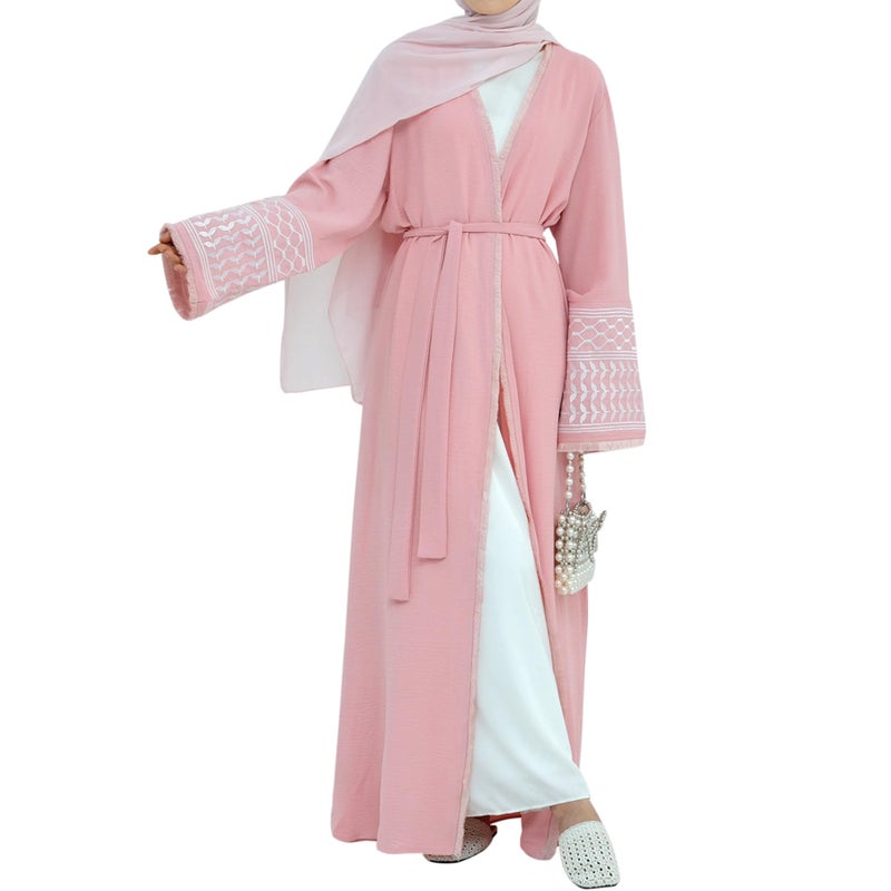 khalat Women Abaya Muslim Prayer Dress Embroidered Sleeves Cardigan Kaftan Islamic Dubai Robe Casual Modest Abaya Dress Pink - Image 1