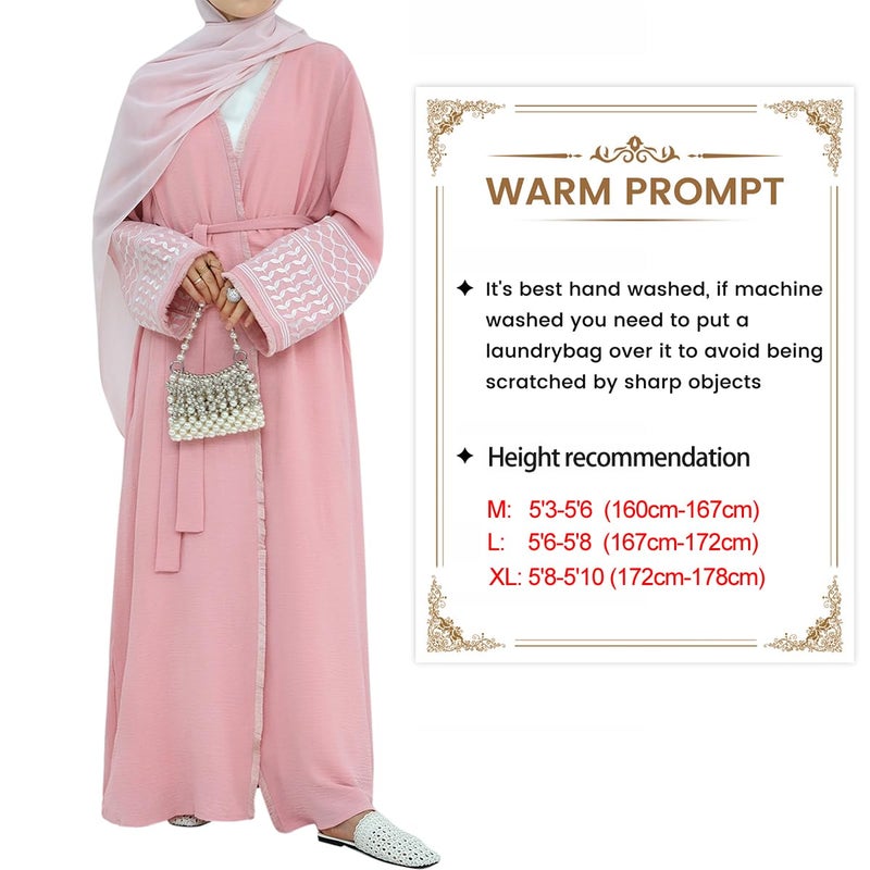 khalat Women Abaya Muslim Prayer Dress Embroidered Sleeves Cardigan Kaftan Islamic Dubai Robe Casual Modest Abaya Dress Pink - Image 3