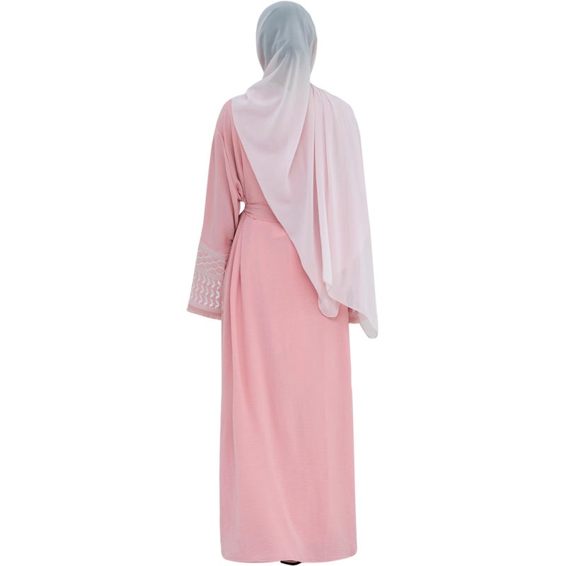 khalat Women Abaya Muslim Prayer Dress Embroidered Sleeves Cardigan Kaftan Islamic Dubai Robe Casual Modest Abaya Dress Pink - Image 5
