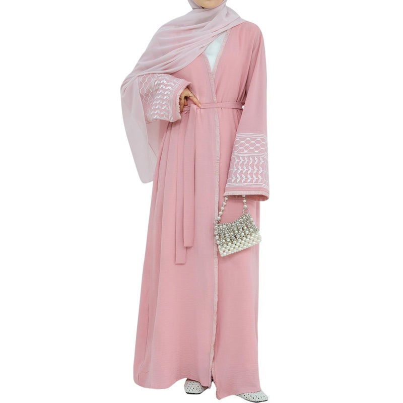 khalat Women Abaya Muslim Prayer Dress Embroidered Sleeves Cardigan Kaftan Islamic Dubai Robe Casual Modest Abaya Dress Pink - Image 4