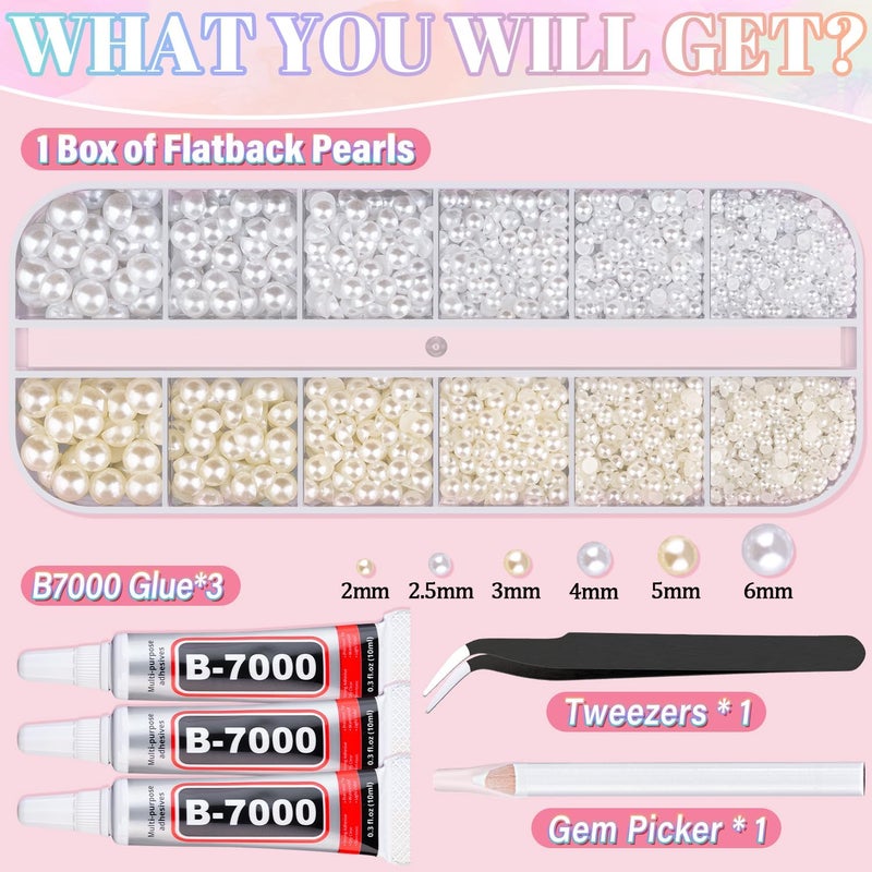 TINKRSTUFF لؤلؤ ذو ظهر مسطح للحرف اليدوية مع 3 قطع 10 مل غراء مجوهرات B7000، صندوق واحد من اللؤلؤ نصف الدائري الأبيض والبيج، خرز التزيين للحرف اليدوية DIY والملابس والأكواب والأحذية والزينة وفن الأظافر - Image 2