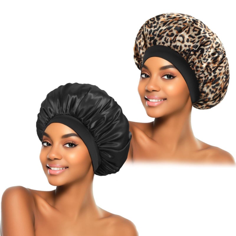 Leopard Print Nightcap Wide Brimmed Satin Cap Hair Care Cap Wash Hat Shower Cap Hairbonnet - Image 3