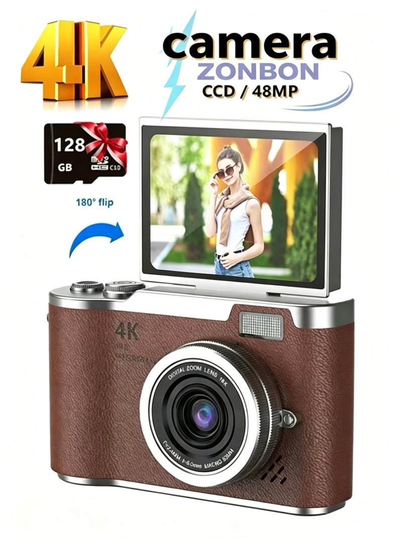 ZONBON 4k CCD Digital Zoom Student Digital Camera 48MP Portable Digital Photography Camera 180° Flip Screen Selfie Camera，with 128GB SD card - Image 1