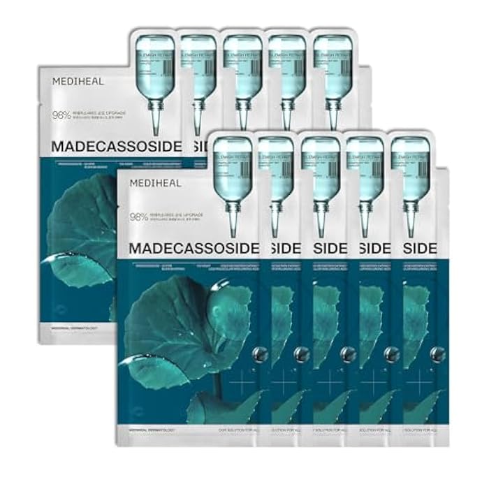 Mediheal Madecassoside Essential Sheet Mask Blemish Repair 10 pcs. 98% Purity Madecassoside & Hyaluronic Acid Included. Enhancing Moisture Barrier & Skin Texture Care. Vegan Formula Sheet Mask - Image 1