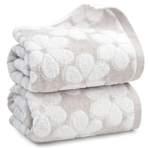 Jacquotha Soft Bath Towels 2 Pack, Super Absorbent Shower Towels 27.5x55 Inches, Cute Floral Jacquard Bathroom Set, Cotton, Light Beige - Image 1
