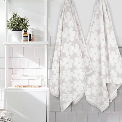 Jacquotha Soft Bath Towels 2 Pack, Super Absorbent Shower Towels 27.5x55 Inches, Cute Floral Jacquard Bathroom Set, Cotton, Light Beige - Image 2
