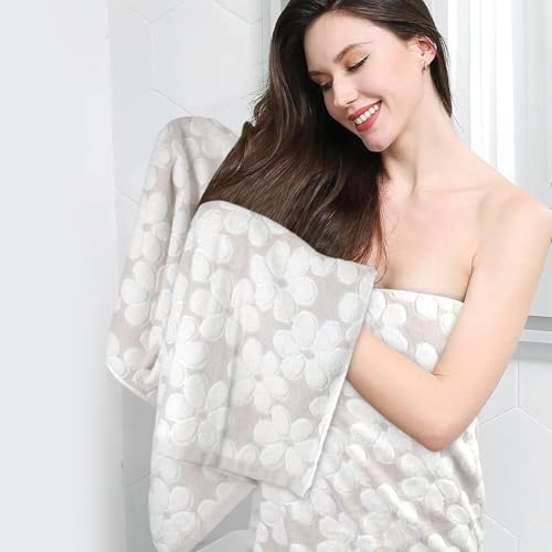 Jacquotha Soft Bath Towels 2 Pack, Super Absorbent Shower Towels 27.5x55 Inches, Cute Floral Jacquard Bathroom Set, Cotton, Light Beige - Image 3