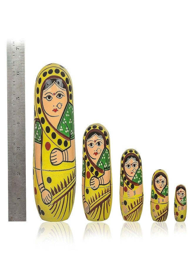 Toolart Kids Handmade Hand Painted Cute Wooden Indian Women Nesting Dolls - Set of 5 - Image 5