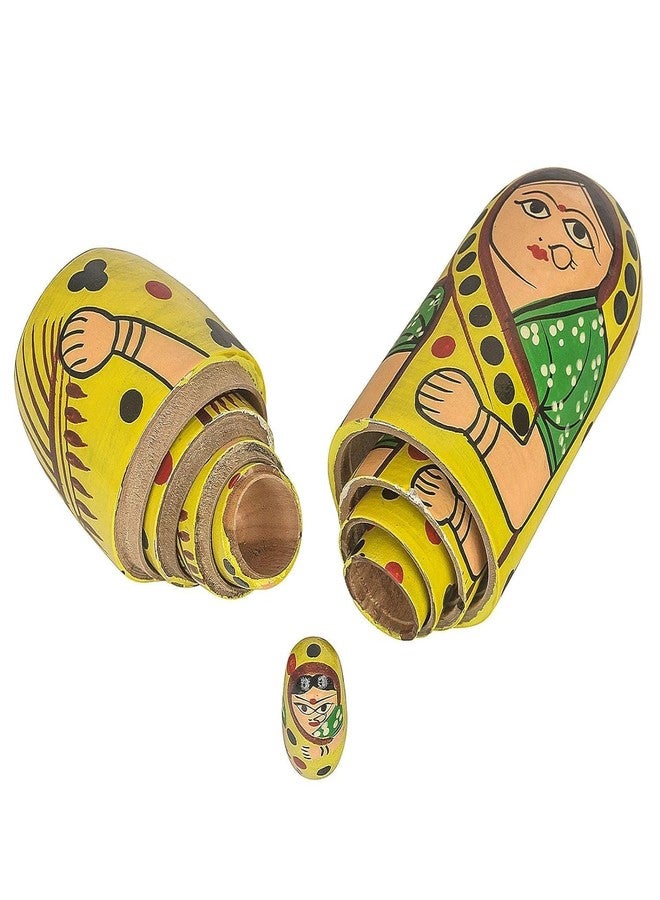 Toolart Kids Handmade Hand Painted Cute Wooden Indian Women Nesting Dolls - Set of 5 - Image 3