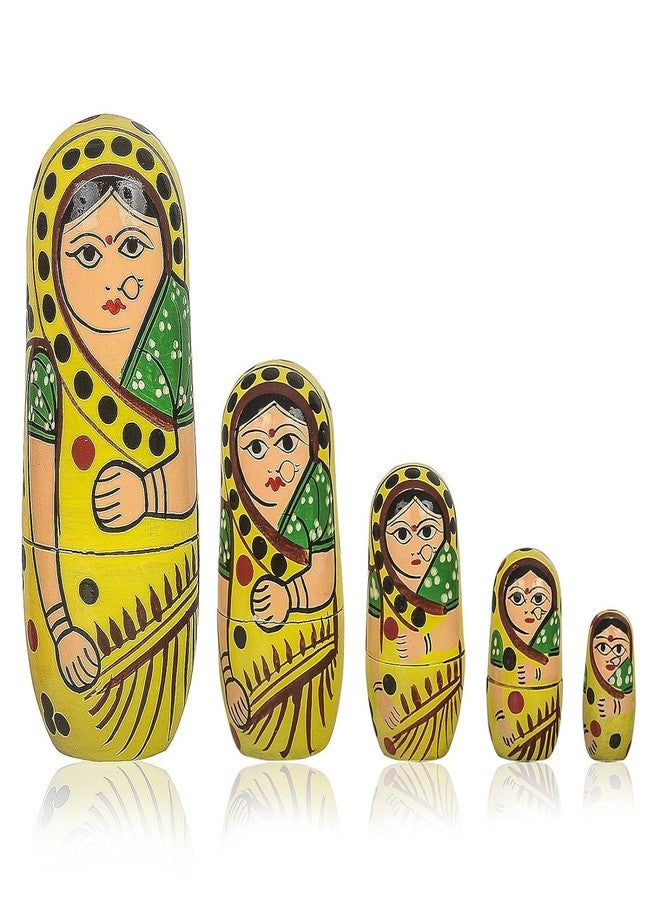 Toolart Kids Handmade Hand Painted Cute Wooden Indian Women Nesting Dolls - Set of 5 - Image 1