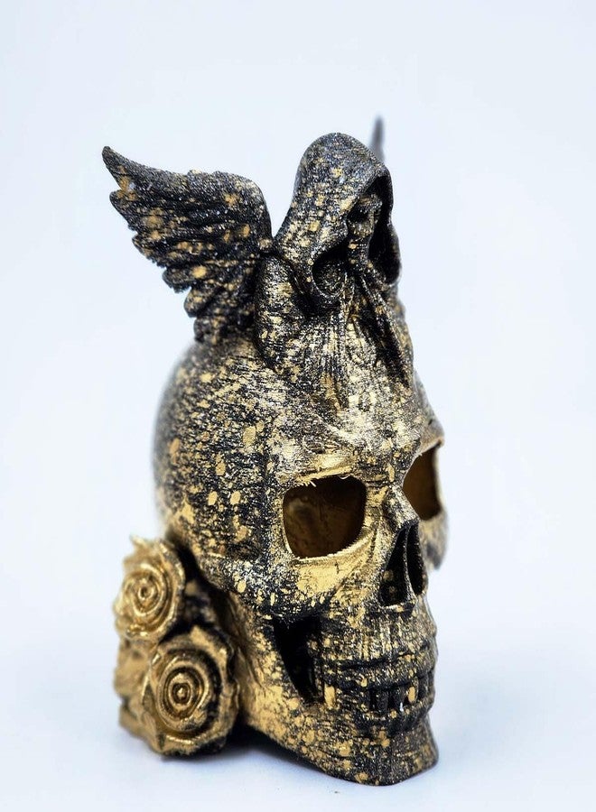 CUBIX3D Gothic Skull Showpiece with Angel & Roses | 3D Printed Golden Black Figurine | Halloween Decoration, Horror Collectible & Gothic Home Decor - 11 cm - Image 1