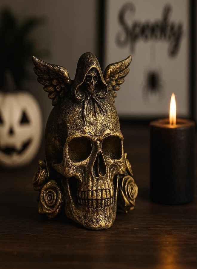 CUBIX3D Gothic Skull Showpiece with Angel & Roses | 3D Printed Golden Black Figurine | Halloween Decoration, Horror Collectible & Gothic Home Decor - 11 cm - Image 2