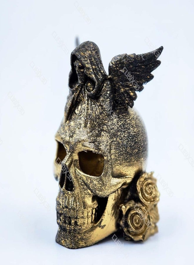CUBIX3D Gothic Skull Showpiece with Angel & Roses | 3D Printed Golden Black Figurine | Halloween Decoration, Horror Collectible & Gothic Home Decor - 11 cm - Image 4