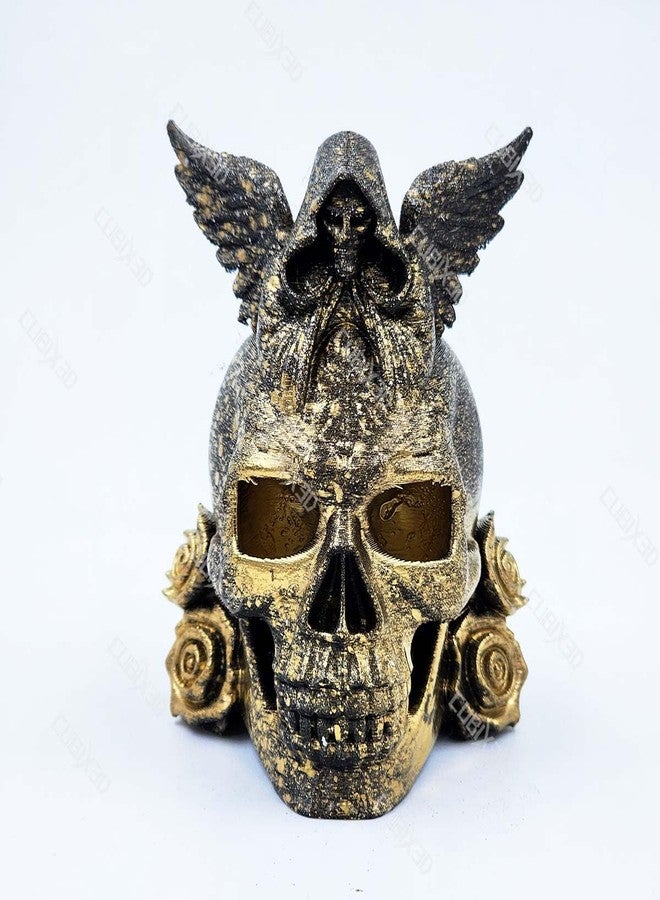 CUBIX3D Gothic Skull Showpiece with Angel & Roses | 3D Printed Golden Black Figurine | Halloween Decoration, Horror Collectible & Gothic Home Decor - 11 cm - Image 5