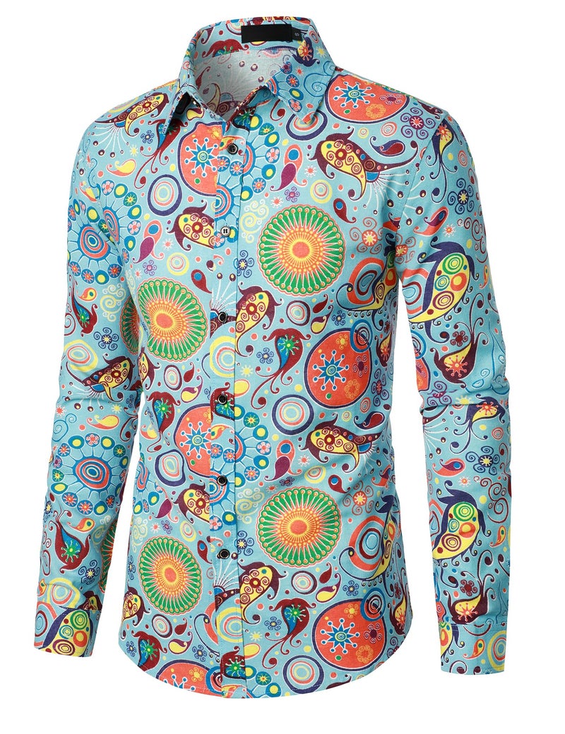 PARKLEES Men's Linen 70s Hippie Traditional Style Pattern Printed Long Sleeve Button up Shirt Sky Blue X-Large - Image 2