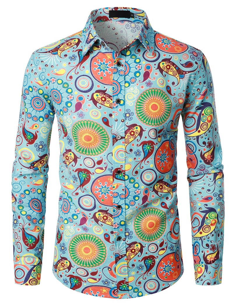 PARKLEES Men's Linen 70s Hippie Traditional Style Pattern Printed Long Sleeve Button up Shirt Sky Blue X-Large - Image 1