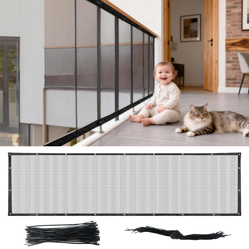 BEBONO Banister Guard Safety Net 15 x 3 ft Child and Pet Protection for Balcony and Stair Black - Image 2