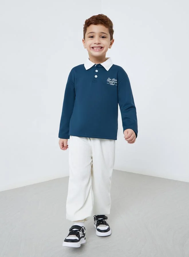 Styli Slogan Print Long Sleeve Polo T-Shirt