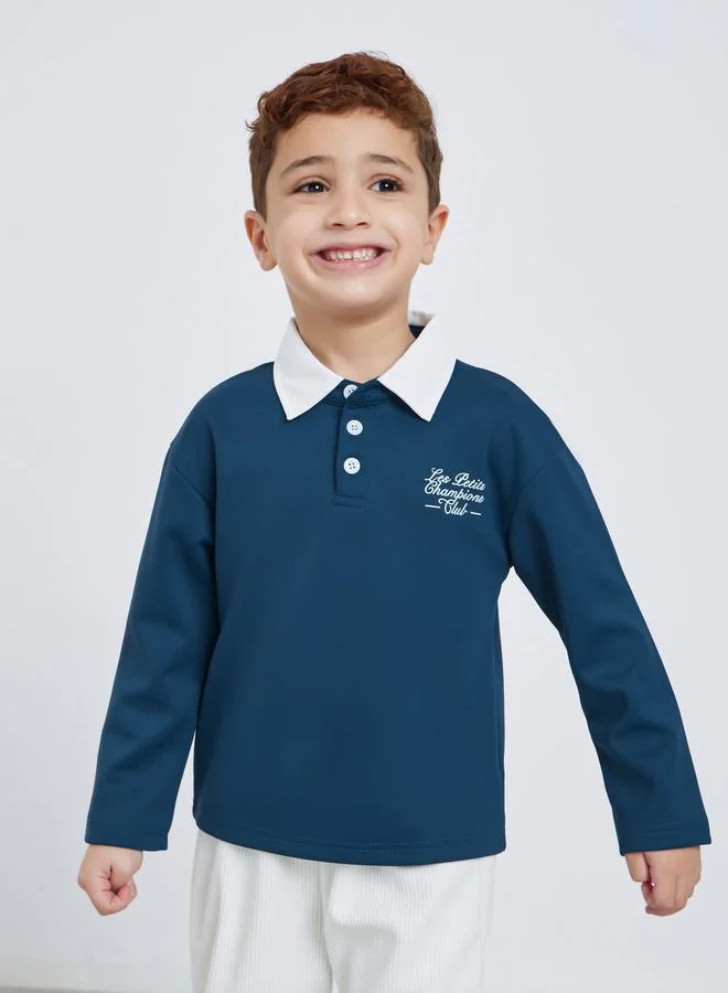 Styli Slogan Print Long Sleeve Polo T-Shirt