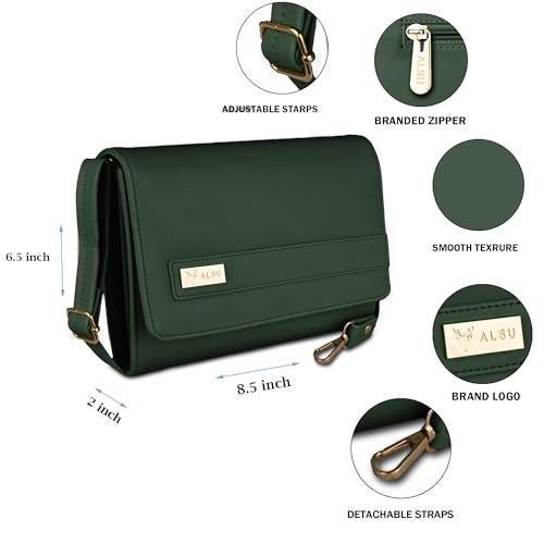 ALSU Women's trendy Sling Bag | handbag | purse | crossbody bag| deattachable straps | adjustable straps |card slots side bag| phone pocket (Green) - Image 3