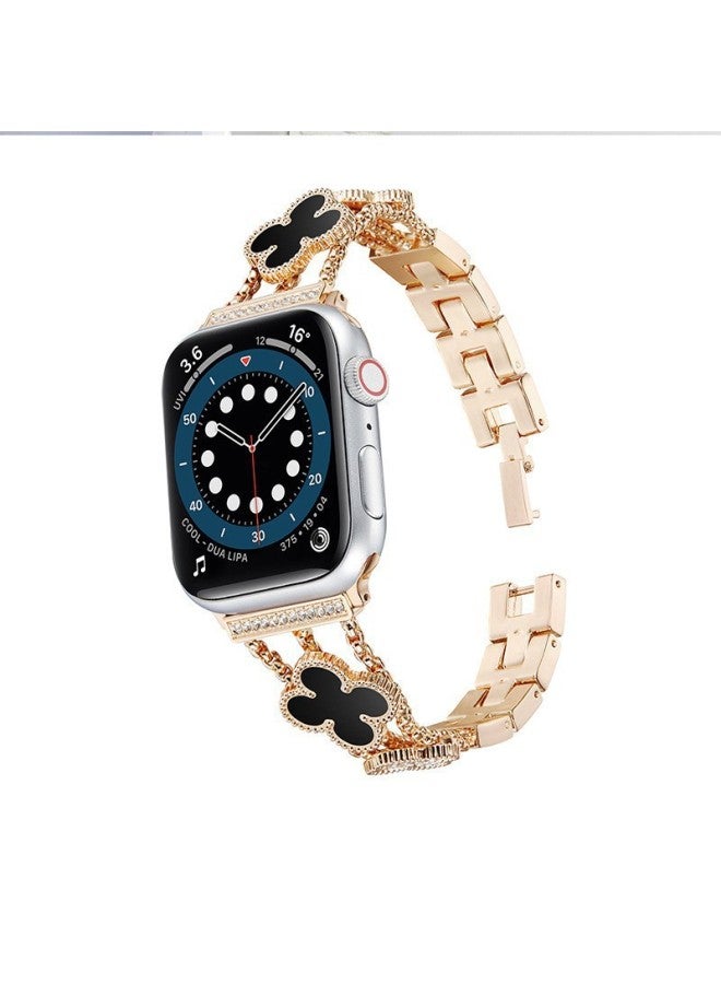 For Apple Appleiwatch678 Generation Se Diamond Metal Triple Chain Double Four-leaf Clover Watch Strap Small Waist - Image 5