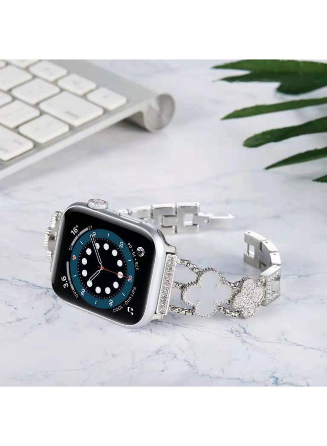 For Apple Appleiwatch678 Generation Se Diamond Metal Triple Chain Double Four-leaf Clover Watch Strap Small Waist - Image 1