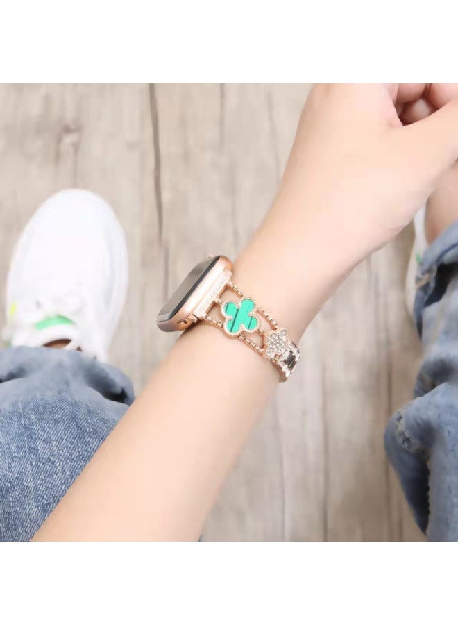 For Apple Appleiwatch678 Generation Se Diamond Metal Triple Chain Double Four-leaf Clover Watch Strap Small Waist - Image 3