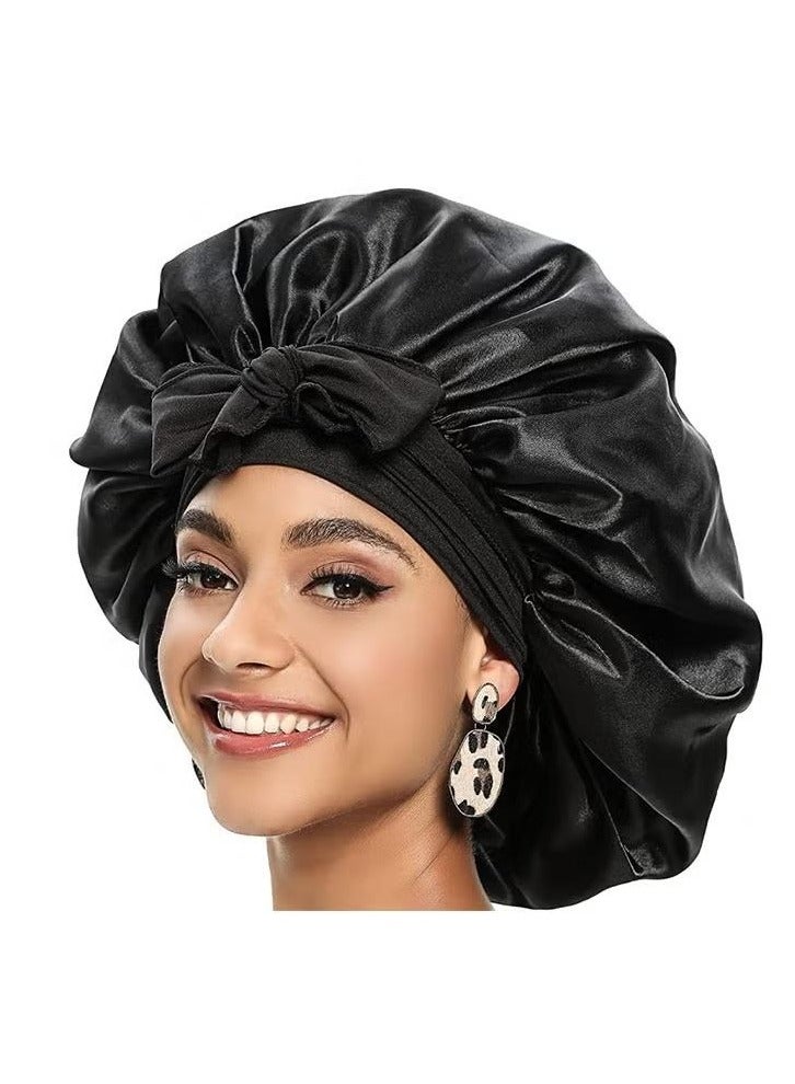 Satin Bonnet for Women, Jumbo Silk Bonnet for Curly Hair, Silk Hair Wrap for Sleeping, Satin Bonnet with Stretchy Tie Band, Silk Bonnet for Curly Hair Wraps for Sleeping(Black) - Image 1