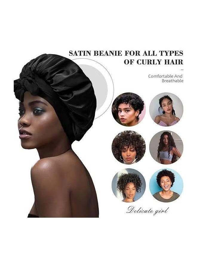 Satin Bonnet for Women, Jumbo Silk Bonnet for Curly Hair, Silk Hair Wrap for Sleeping, Satin Bonnet with Stretchy Tie Band, Silk Bonnet for Curly Hair Wraps for Sleeping(Black) - Image 2