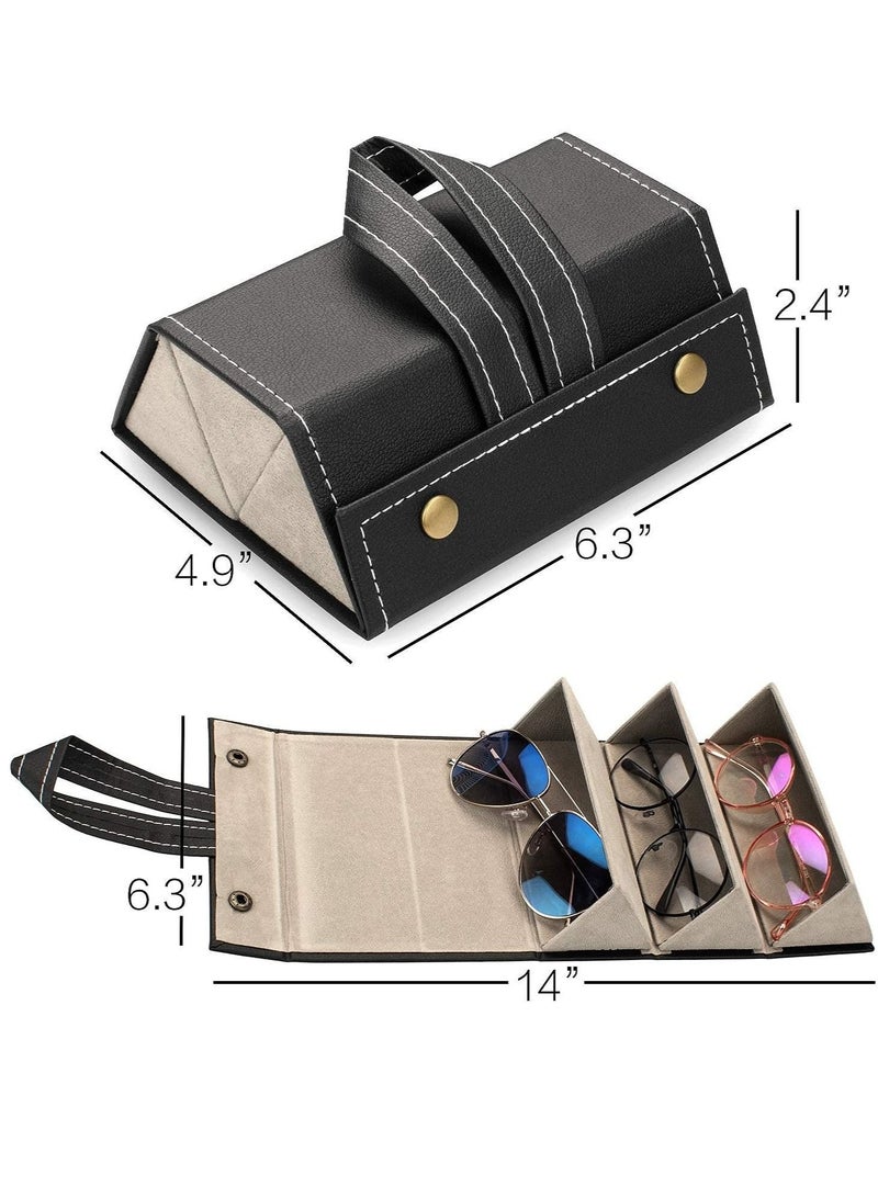 Travel Sunglasses Organizer, Foldable PU Leather Multi Glasses 3 Slot Display Container Portable Glasses Storage Bag Ladies Men Hanging Glasses Holder (Black) - Image 3