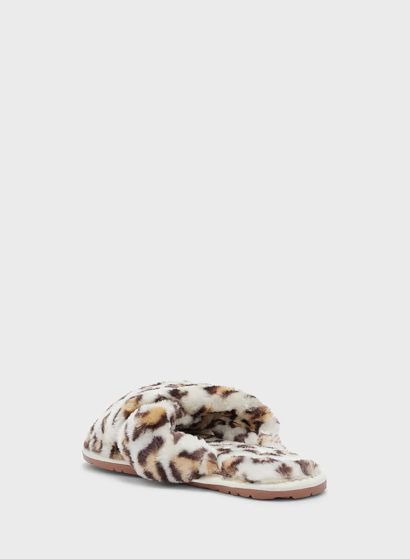 Ginger Leopart Print Fluffy Crossover Bedroom Slippers